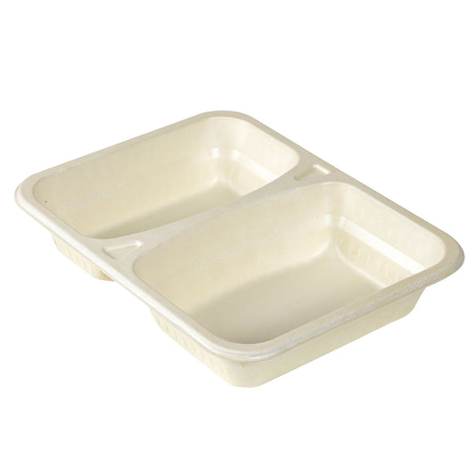 Ein beigefarbenes Duni GmbH Fibretray Caterline 2-comp aus Holzfaser (227x178x45 mm), aus einem leicht erhöhten Winkel betrachtet auf weißem Hintergrund. Packung: 220 Stück.