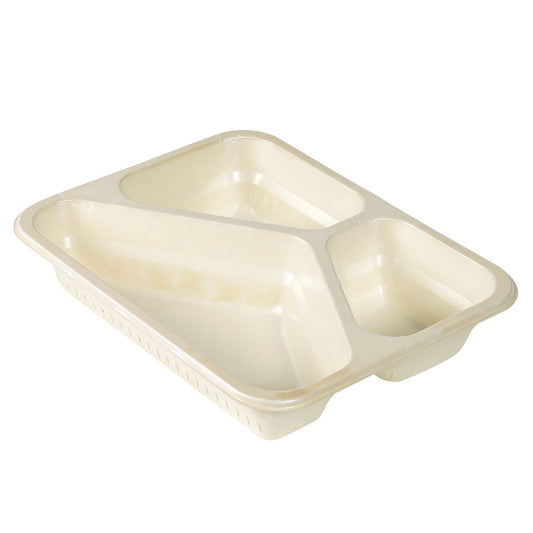 Die Fibretray Caterline 3-comp 3 Natur von Duni GmbH, aus Holzfaser (227x178x45 mm), biologisch abbaubar und umweltfreundlich, verfügt über drei getrennte Fächer und wird hier auf weißem Hintergrund präsentiert.