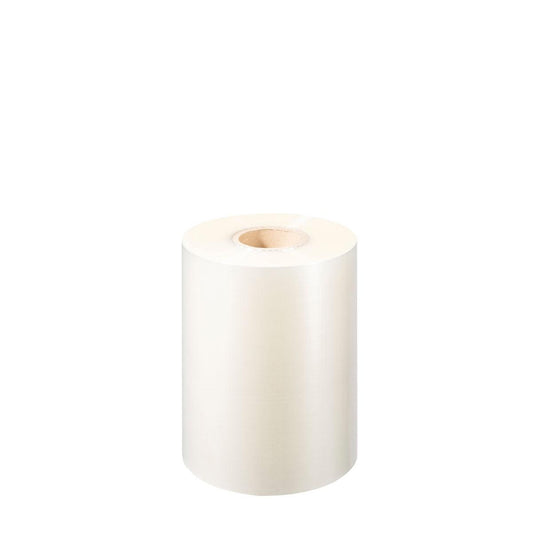Eine große Rolle Bio Film Transparent Zellulose | Packung (1 Stück) der Duni GmbH mit einem Pappkern steht aufrecht auf weißem Hintergrund. Diese umweltfreundliche Zellulosefolie bietet eine klare, nachhaltige Alternative zu Plastik.