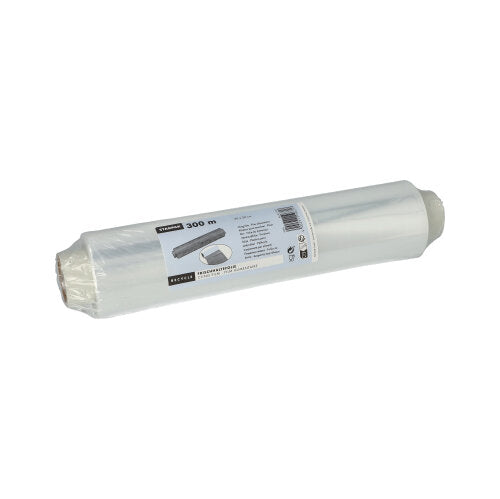 Die Starpak Frischhaltefolie perforiert ist eine transparente, 300 Meter lange Frischhaltefolie von Starpak, eng gerollt und mit einem weißen Etikett mit Produktdetails versehen. Sie wird teilweise in einer Klarsichtverpackung geliefert, ideal zur Lebensmittelaufbewahrung.
