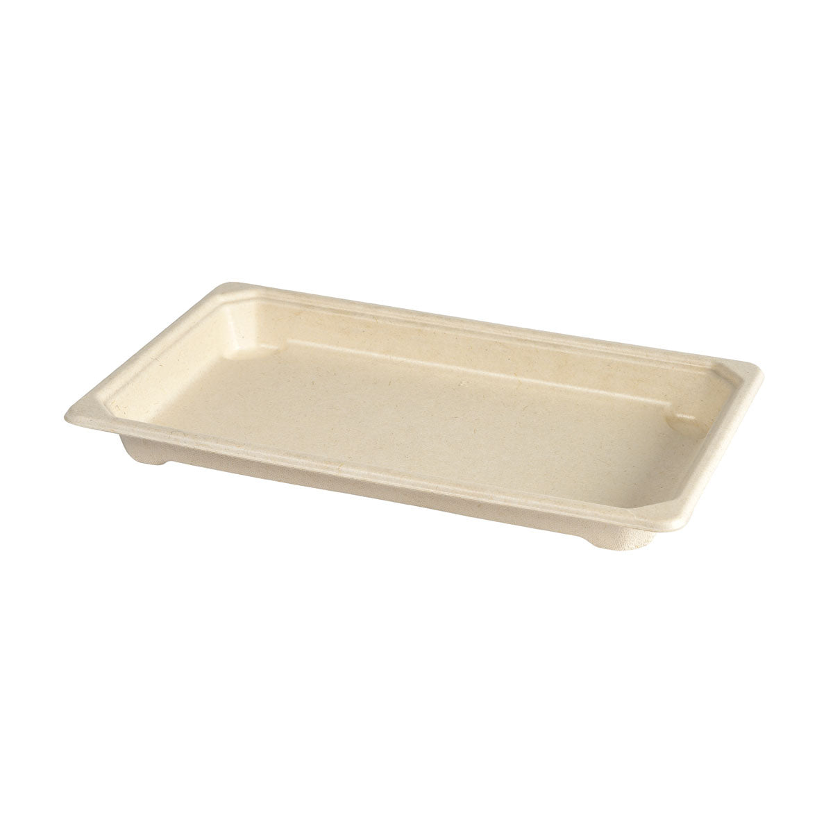 Das Duni GmbH Bagasse Sushi Tray braun, medium 390 ml (215x135x22 mm) ist eine umweltfreundliche Sushi-Verpackung mit erhöhtem Rand und glatter Oberfläche. Erhältlich in Packungen zu 100 Stück, hier auf weißem Hintergrund abgebildet.