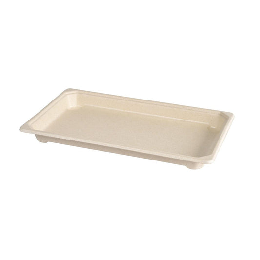 Ein rechteckiges braunes Bagasse-Sushi-Tablett (500 ml, 237x145x22 mm) von Duni GmbH mit kurzen Füßen und erhabenen Rändern liegt auf einem weißen Hintergrund. Dieses nachhaltige große Tablett (Packung: 100 Stück) ist aus biologisch abbaubarem Material gefertigt.