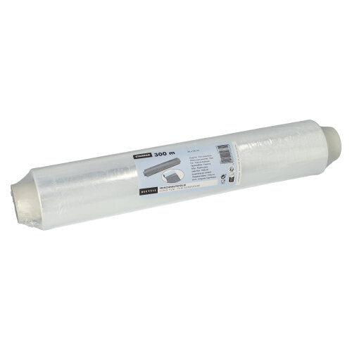 Eine Rolle Starpak Frischhaltefolie perforiert von Starpak, mit weißem Etikett mit Produktdetails und Barcode. Perfekt für die Lebensmittelaufbewahrung, die unbenutzte Rolle steht vor einem schlichten weißen Hintergrund.