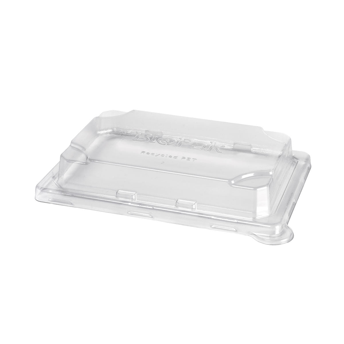 Der rPET Deckel Sushi small der Duni GmbH ist ein transparenter, rechteckiger Deckel (195x139x33 mm) mit erhabenen Rändern und einer flachen Mitte - ideal für nachhaltige Verpackungen. Wird in Packungen zu 50 Stück geliefert.