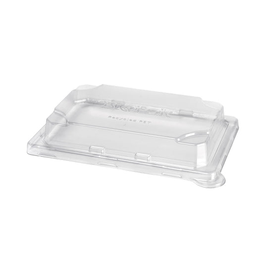 Der rPET Deckel Sushi small der Duni GmbH ist ein transparenter, rechteckiger Deckel (195x139x33 mm) mit erhabenen Rändern und einer flachen Mitte - ideal für nachhaltige Verpackungen. Wird in Packungen zu 50 Stück geliefert.