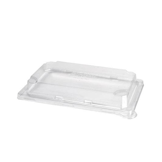 Ein transparenter, rechteckiger rPET Deckel Sushi medium (226x146x33 mm) der Duni GmbH zeigt sich auf einem schlichten weißen Hintergrund - perfekt für umweltfreundliche Sushi-Verpackungen. Packung: 50 Stück.