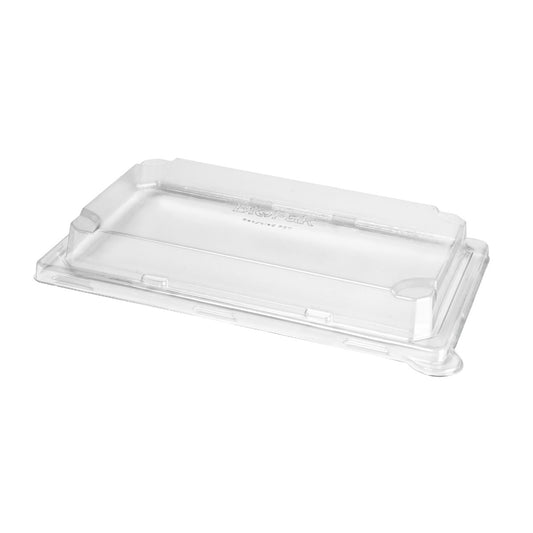 Der rPET Deckel Sushi large von Duni GmbH ist ein transparenter, rechteckiger Deckel (248x156x33 mm) mit erhöhten Kanten, hergestellt aus recyceltem PET. Entwickelt, um sicher auf passende Sushi-Behälter zu passen. Abgebildet: Packung (50 Stück), weißer Hintergrund.