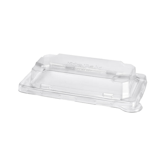 Der Duni GmbH rPET Deckel Sushi slim short, transparent und rechteckig (176x103x33 mm), wird vor einem weißen Hintergrund gezeigt. Hergestellt aus recyceltem PET, passt dieser Deckel mit erhabenen Kanten perfekt zur Sushi Verpackung. Packung: 50 Stück.