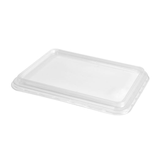 Abgebildet ist ein transparenter, rechteckiger PP-Deckel (225x175x17 mm) der Duni GmbH für Kunststoff-Lebensmittelbehälter auf weißem Hintergrund. Der Deckel hat leicht erhöhte Kanten und eine glatte Oberfläche. Packung: 210 Stück.