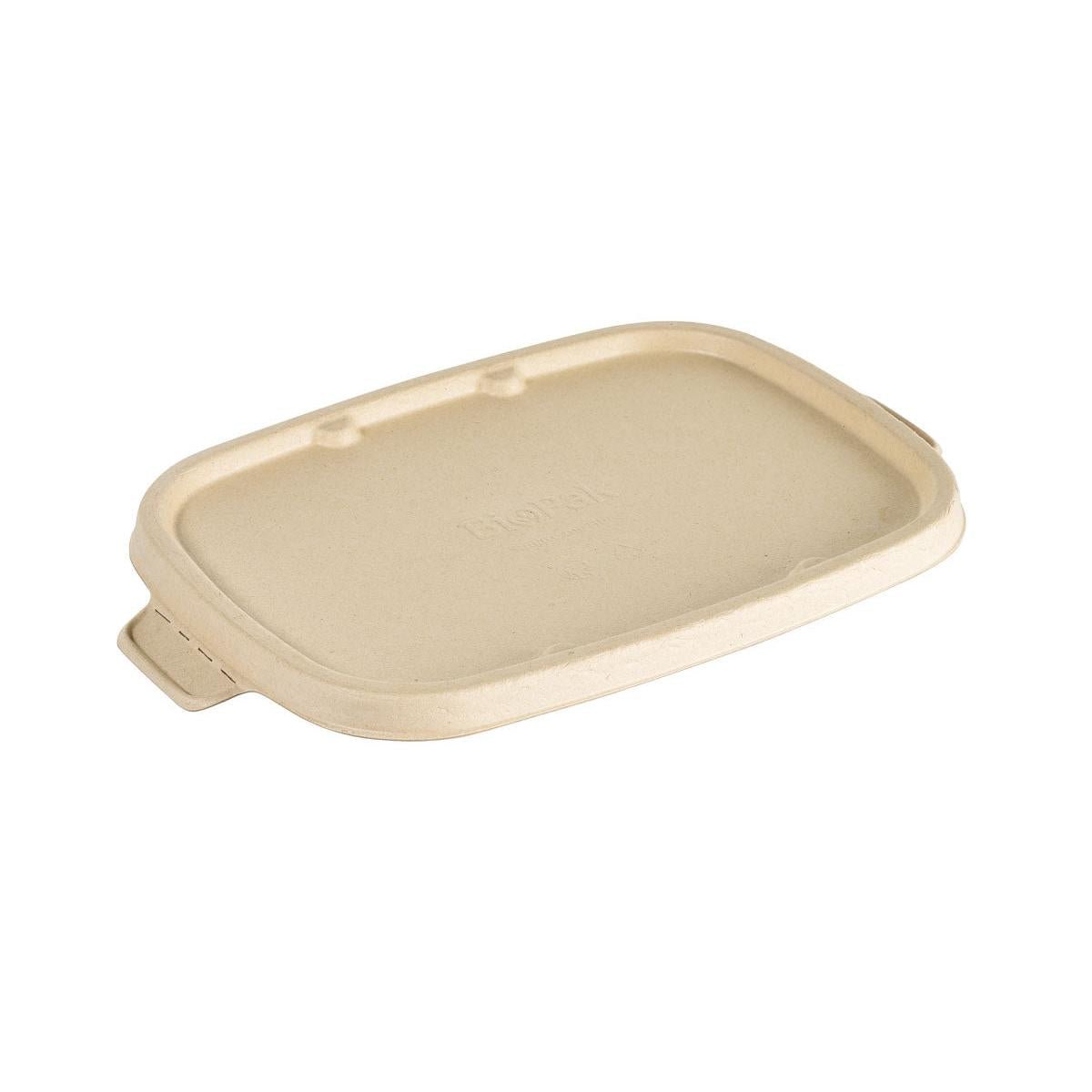The Duni GmbH Bagasse Lid CUBE RECTANGULAR 900/1200 ml Brown, uncoated and with dimensions 249x167x13 mm, is shown in beige with a single tear-off flap and designed for CUBE RECTANGULAR containers. Package: 40 pieces.