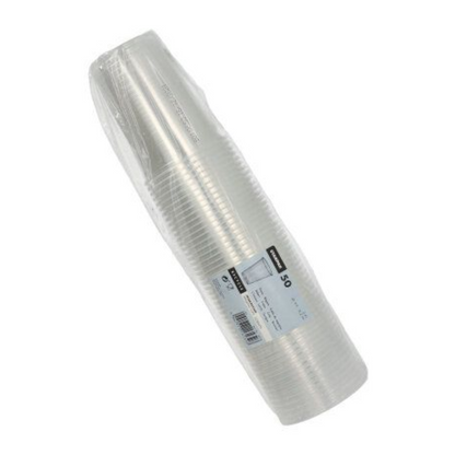 A set of transparent plastic cups from Starpak, neatly arranged in a cylindrical shape and packaged in plastic wrapping. The packaging features a label with product details and a barcode. These are new Starpak plastic cups (PP) with a volume of 0.4 liters, dimensions of Ø 9.5 cm x 12.2 cm, and a pack of 50 pieces with a foam rim.