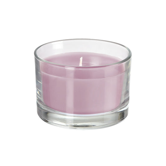 Ein kleiner, zylindrischer Glasbehälter mit hellviolettem Wachs und einem einzelnen Docht - Lavendel 66084 von Duni GmbH (1 Stück). Ideales Lavendelprodukt für Entspannung und Aromatherapie. Abgebildet auf einfarbig weißem Hintergrund.
