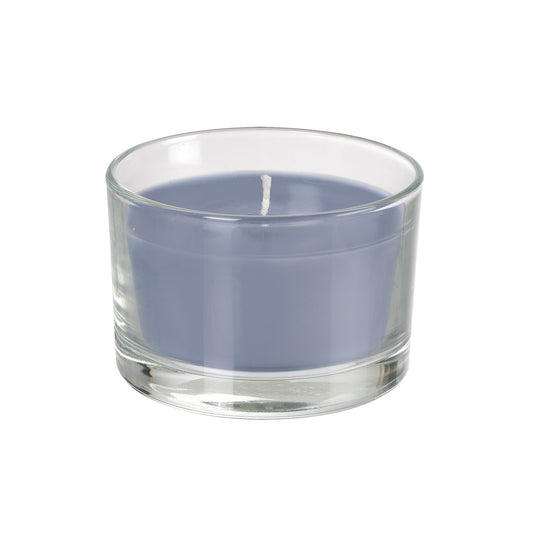 Ein kleiner, klarer Glasbehälter enthält eine solide graublaue, stahlblaue 66084 Kerze der Duni GmbH (Packung 1 Stück) mit einem einzelnen, nicht angezündeten Docht in der Mitte, vor einem schlichten weißen Hintergrund.