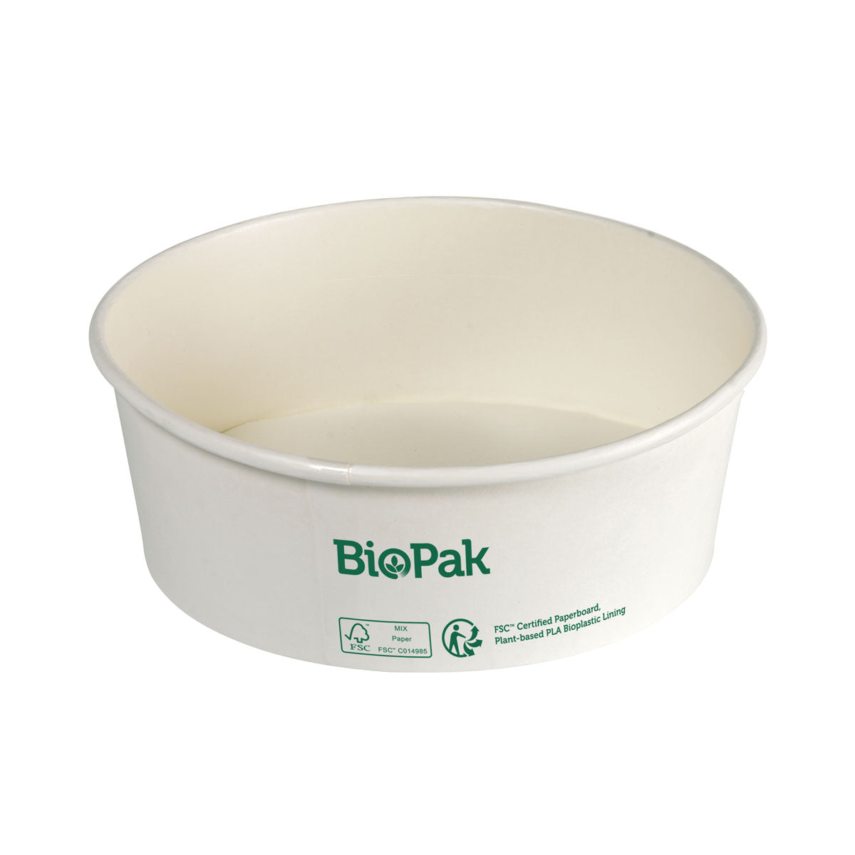 Ein weißer, runder, biologisch abbaubarer Einwegbecher (Bowl Ronda WIDE Karton/PLA Weiß 700 ml von Duni GmbH) mit grünen Symbolen an der Seite ist leer vor einem schlichten weißen Hintergrund abgebildet. Hergestellt aus FSC-zertifiziertem Karton und PLA, 50er-Packung.