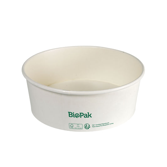 Eine weiße, runde Schale Ronda WIDE+ (1300 ml) aus FSC-zertifiziertem Karton mit PLA-Beschichtung von Duni GmbH steht leer vor neutralem Hintergrund. Die Schüssel zeigt das grüne BioPak-Logo und wird in 25er-Packungen angeboten.