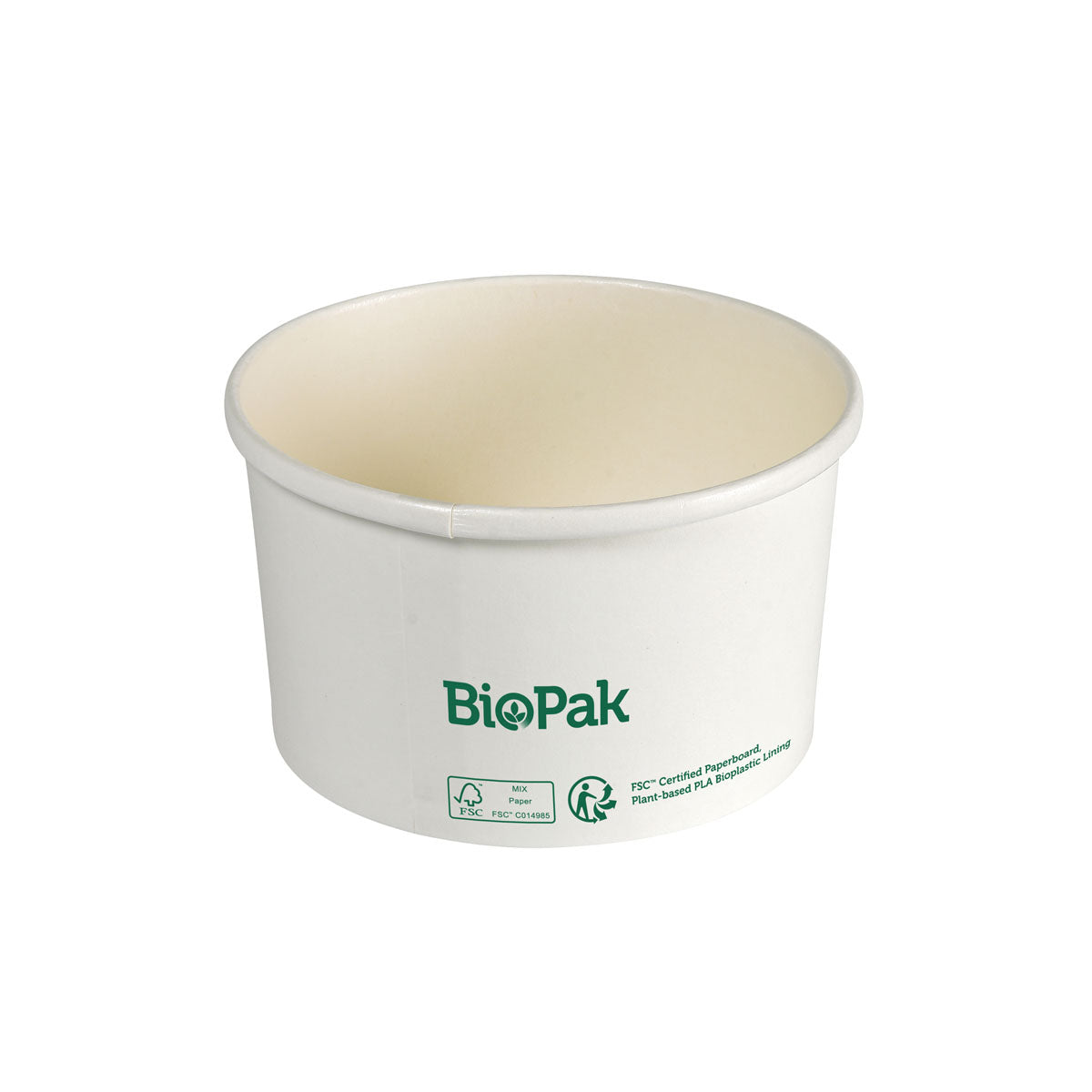 Ein Bowl Ronda SLIM Karton/PLA der Duni GmbH mit grünen Zertifizierungssymbolen und Branding hebt sein biologisch abbaubares, umweltfreundliches Design vor einem schlichten weißen Hintergrund hervor.