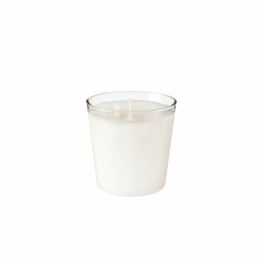 Eine Schwan-zertifizierte, weiße Nachfüller Switch & Shine Kerze (ca. 30h, 65x65mm) der Duni GmbH, dargestellt in einem klaren, runden Glas auf weißem Hintergrund - ideal für nachhaltige Duftlösungen. Verkauft in 6er-Packungen.