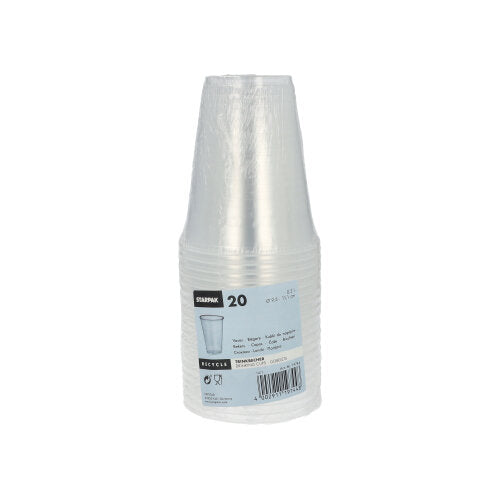 Ein Stapel von 20 transparenten Starpak Polypropylen-Trinkbechern (0,3 l, Ø 9,5 cm, 11,1 cm) mit Schaumrand ist in Schrumpffolie eingewickelt und trägt den Markennamen Starpak, ein Becherbild, Produktinformationen, Schaumranddetails und einen Barcode.