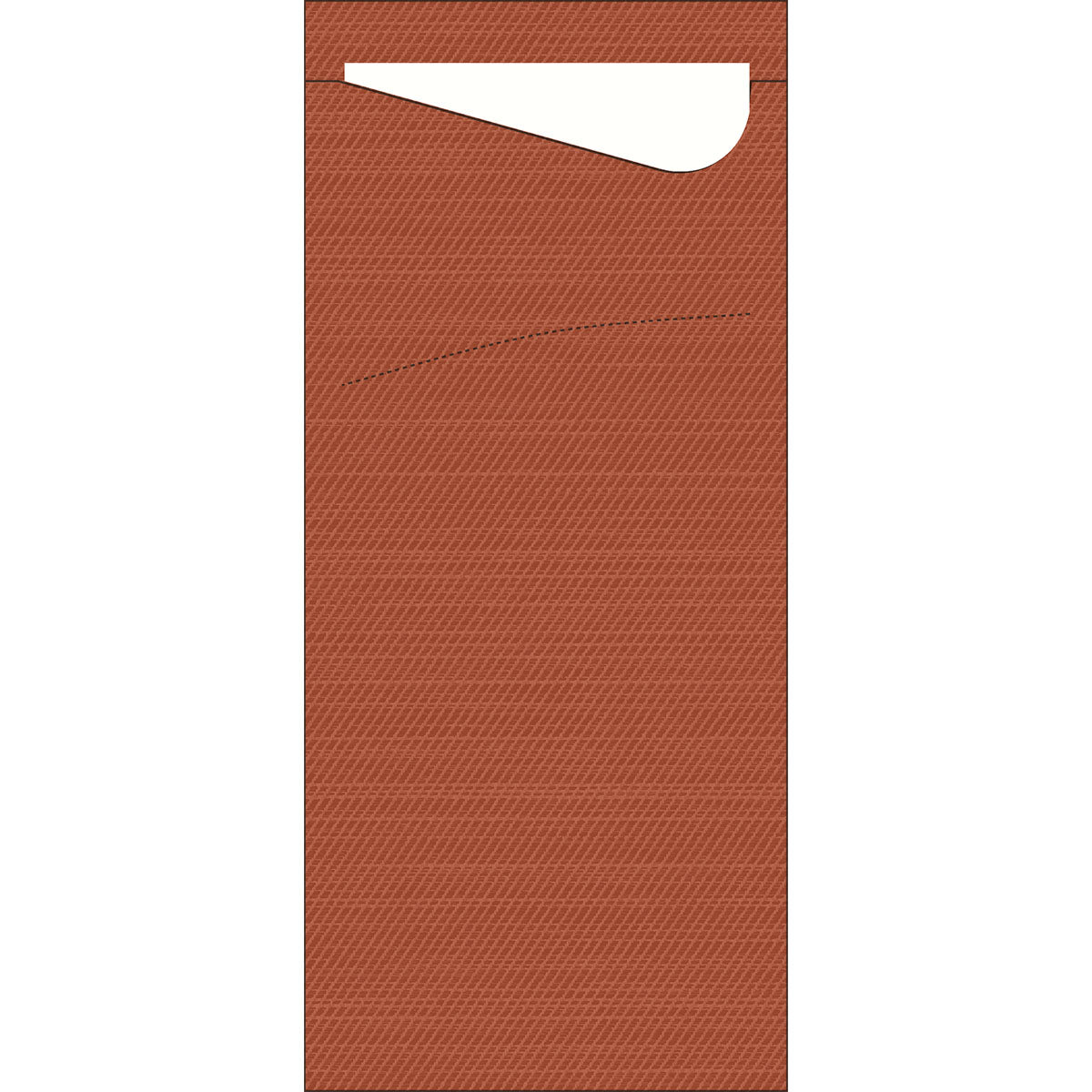 Ein brauner rechteckiger Briefumschlag der Duni GmbH Sacchetto Zelltuch 190 x 85 mm mit einem strukturierten Muster wird geöffnet gezeigt, wobei eine weiße Serviette im Inneren teilweise sichtbar ist.