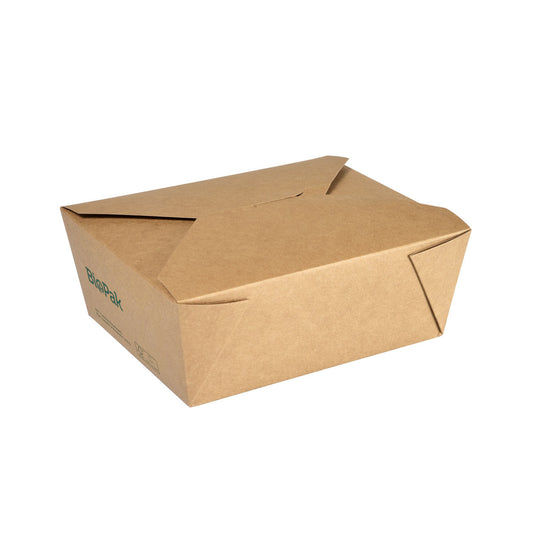 Eine geschlossene, braune, rechteckige Kartonbox Bio MEDIUM 1000 ml der Duni GmbH (FSC/PLA, 171x140x64 mm) mit gefalteten Klappen. Einfarbig bis auf ein kleines grünes Logo, das sie als nachhaltige Lebensmittelverpackung kennzeichnet. Packung: 50 Stück.