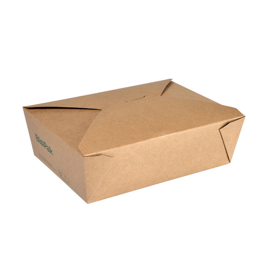 Eine geschlossene Kartonbox Bio LARGE 1950 ml von Duni GmbH aus FSC-zertifiziertem braunem Karton mit PLA-Beschichtung und gefalteten Klappen, auf weißem Hintergrund präsentiert. Die Packung enthält 50 Stück. Maße: 216x157x64 mm.