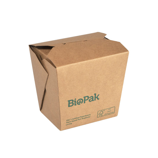 Eine braune Kartonbox Bio NOODLE SMALL zum Mitnehmen (480 ml, FSC/PLA, 92x74x85 mm) der Duni GmbH, fotografiert vor einem weißen Hintergrund - eine umweltfreundliche Verpackung für nachhaltigen Genuss. Packung mit 50 Stück.