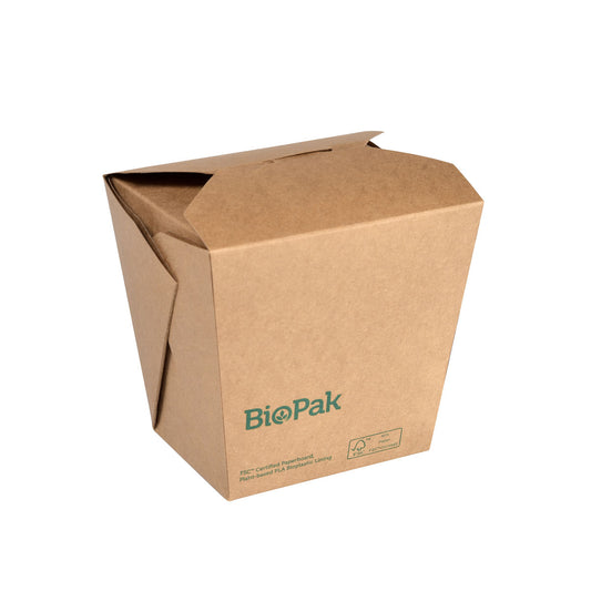 Eine braune FSC-zertifizierte Kartonbox Bio NOODLE LARGE (960 ml) von Duni GmbH, 114x98x110 mm, mit gefaltetem Deckel und Recycling-Symbolen-ideal als biologisch abbaubare Takeaway-Box für umweltfreundliche Mahlzeiten (Packung à 50 Stück).