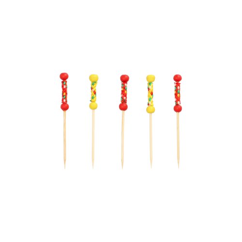 Fünf PAPSTAR 7,5 cm Fingerfoodspieße aus der Kollektion „Mexiko“ (40er-Pack, PAPSTAR GmbH) mit bunten Rundperlen sind in einer Reihe auf weißem Untergrund angeordnet.