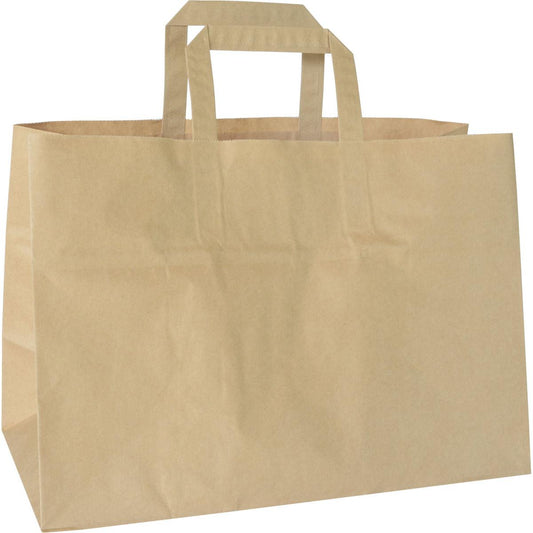 Die Duni GmbH Take-Away Tasche, Alternativartikel 194784, aus braunem FSC-zertifiziertem Papier (360x170x270mm), hat zwei flache Griffe und rechteckige Seiten. Sie ist in 200 Stück verpackt und steht aufrecht auf weißem Hintergrund.