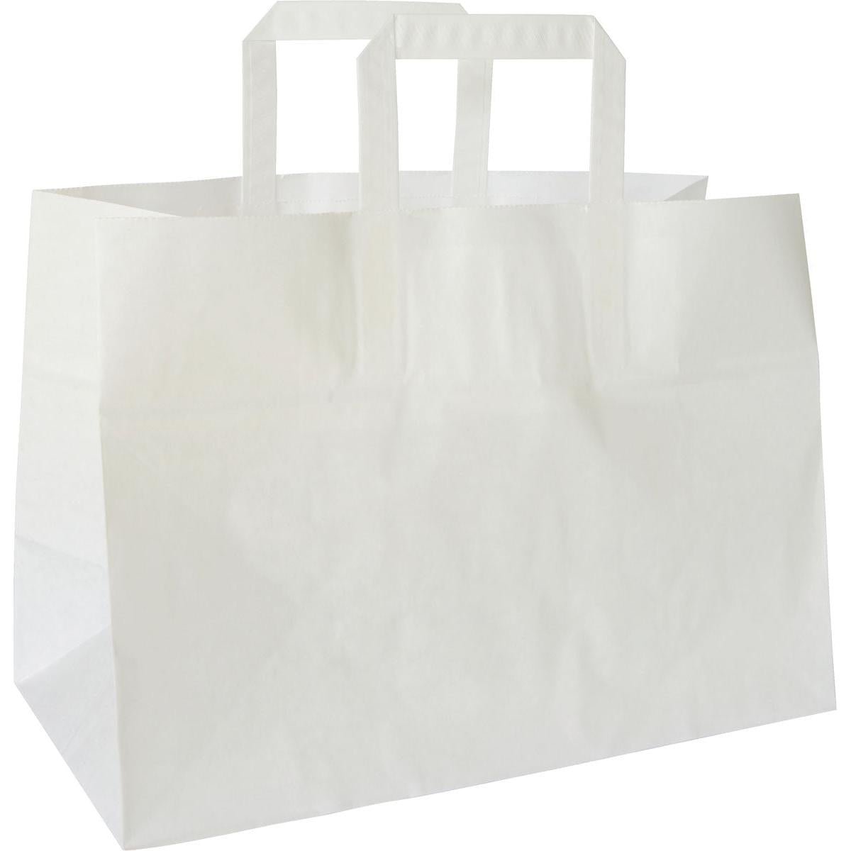 A simple white takeaway bag (alternative item 194085) made of FSC-certified paper from Duni GmbH, 350x170x270 mm with two rectangular handles, stands upright on a white background. The package contains 200 pieces.