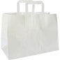 A simple white takeaway bag (alternative item 194085) made of FSC-certified paper from Duni GmbH, 350x170x270 mm with two rectangular handles, stands upright on a white background. The package contains 200 pieces.