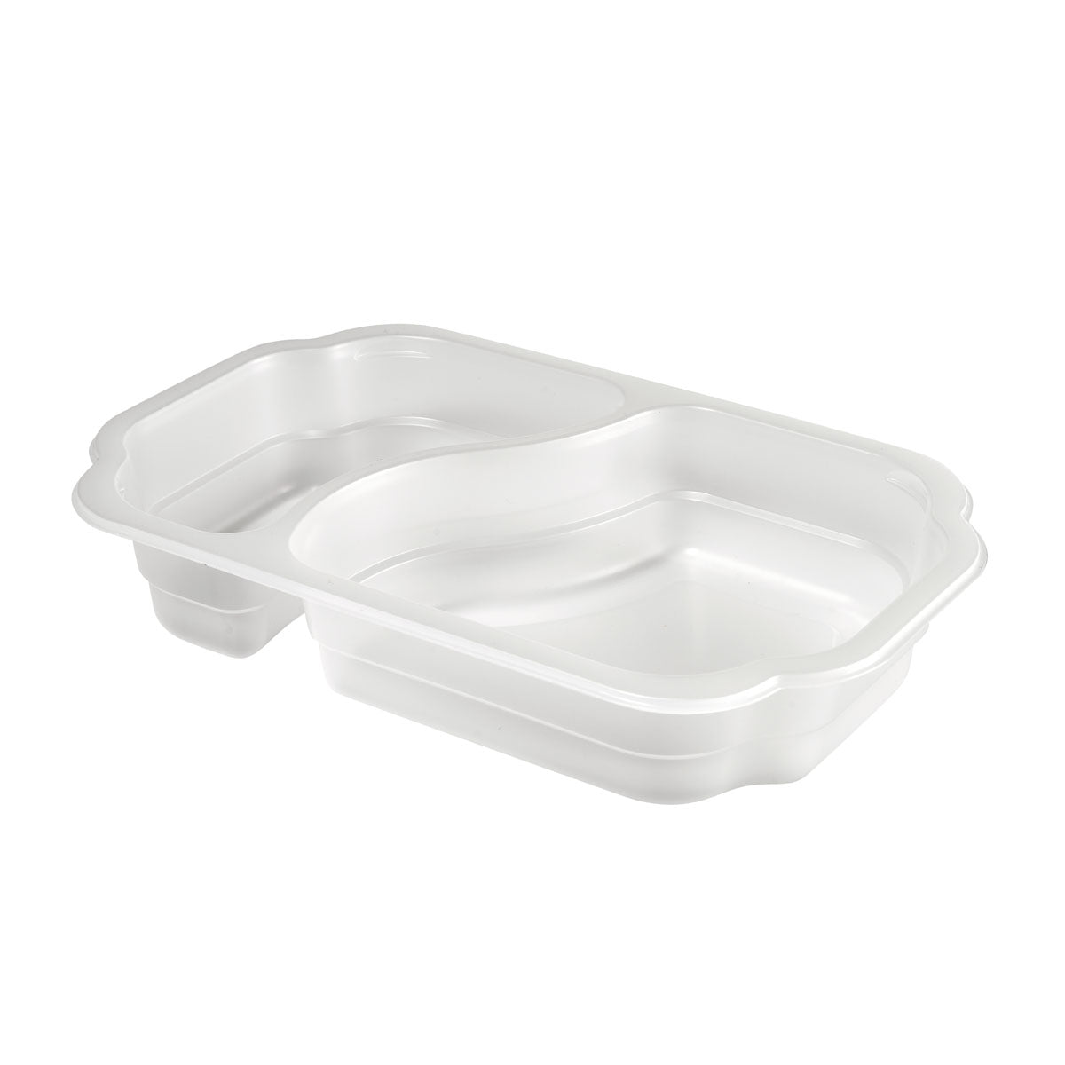 Die Duni GmbH PP-Schale Take-Away 2 Transparent PP 250x159x45 ist eine weiße, zweiteilige Einweg-Lebensmittelschale (246 Stück/Packung), ideal für die umweltfreundliche Lagerung und Mitnahme, abgebildet auf einem unifarbenen Hintergrund.