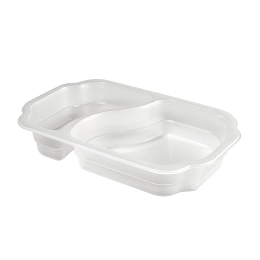 Die Duni GmbH PP-Schale Take-Away 2 Transparent PP 250x159x45 ist eine weiße, zweiteilige Einweg-Lebensmittelschale (246 Stück/Packung), ideal für die umweltfreundliche Lagerung und Mitnahme, abgebildet auf einem unifarbenen Hintergrund.