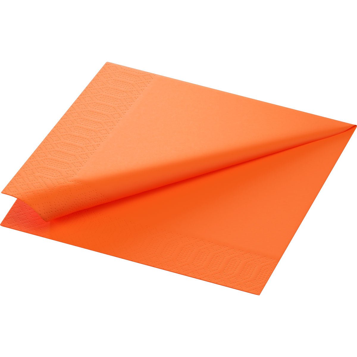 A single Duni GmbH Zellt napkin 40x40 cm, 3-ply in sun orange is partially unfolded to show its border embossing; photographed on plain white. The package contains 250 high-quality napkins.