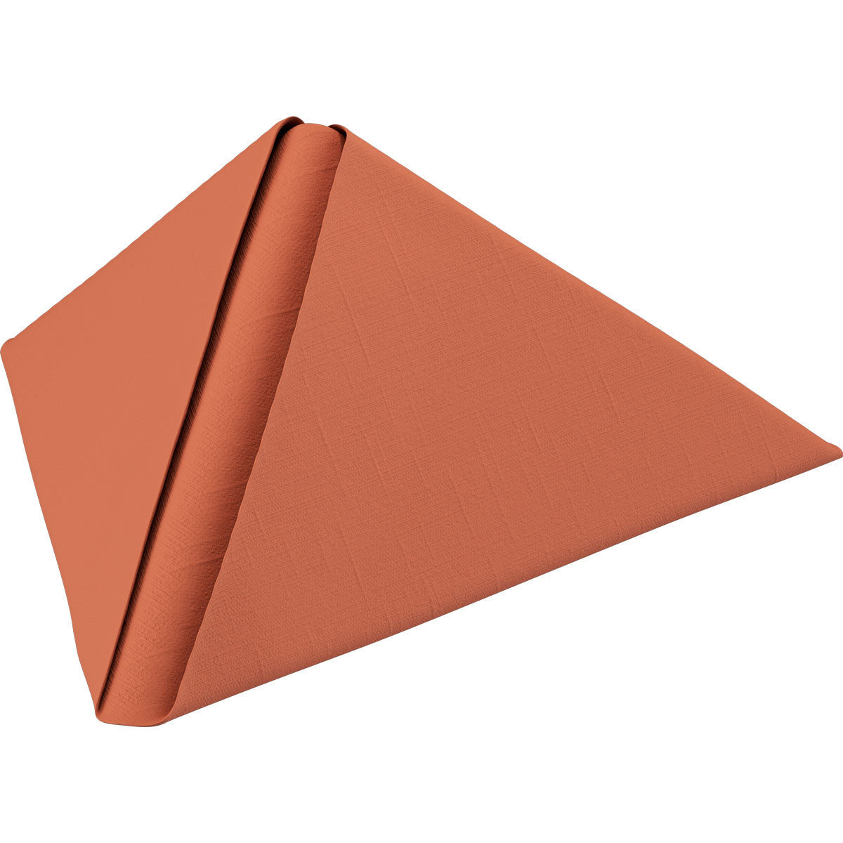 Ein einzelner rostfarbener Dunilin-Servietten 40 x 40 cm 1/4 Falz der Duni GmbH ist zu einer stehenden dreieckigen Pyramidenform vor weißem Hintergrund gefaltet.