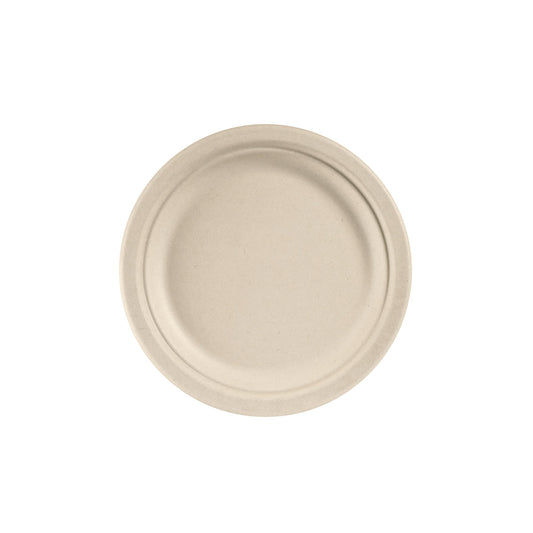 Der Duni GmbH Teller ø 22 cm Braun Bagasse Ø220 (Packung à 50 Stück), unbeschichtet und biologisch abbaubar, ist von oben auf weißem Hintergrund dargestellt.