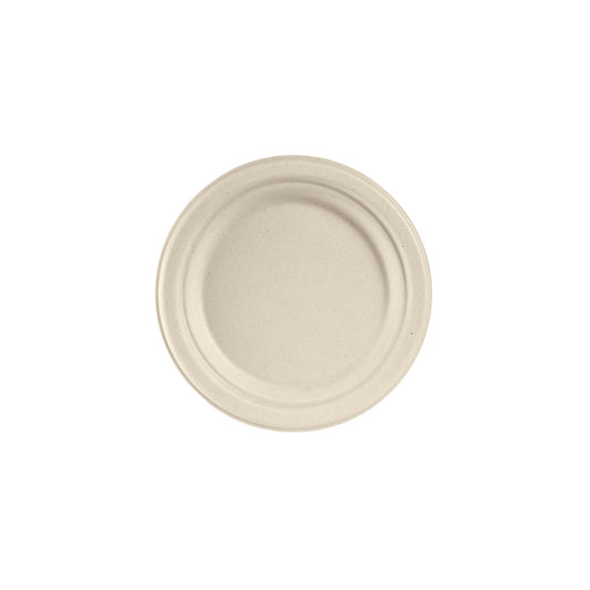 Ein ungefilterter, runder Teller ø 18 cm aus brauner Bagasse von Duni GmbH (Packung mit 50 Stück) ist auf weißem Hintergrund abgebildet.