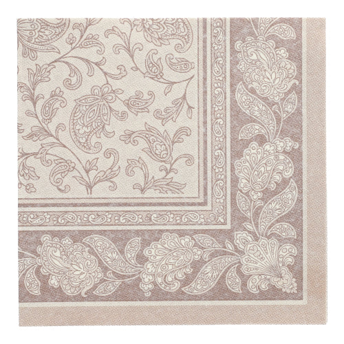 Die 40 x 40 cm große, quadratische Serviette aus der ROYAL-Kollektion der PAPSTAR GmbH in der Farbe "mocca" zeigt ein verziertes Blumen- und Paisleymuster mit passender Zierborte. Die Packung enthält 50 Servietten, jeweils mit praktischer 1/4-Faltung.