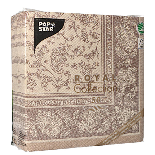 Eine Packung mit 50 PAPSTAR GmbH Servietten aus der ROYAL Collection, 40 x 40 cm, 1/4-fach gefaltet in der Farbe mocca, mit Logo und Beschriftung in der linken oberen und rechten unteren Ecke.