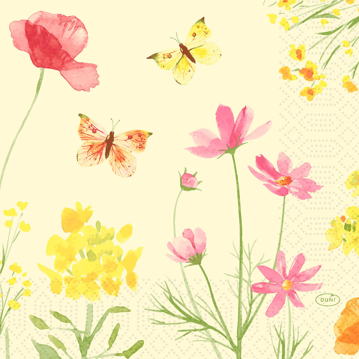 Aquarellfarbene rosa und gelbe Wildblumen mit zwei Schmetterlingen schmücken diese Papierservietten der Duni GmbH Serv.33x33 3lg 1/4 Poppy Field (Packung, 50 Stück), die mit dezenten Punkten verziert sind. Ideal, um Ihrem Geschirr Charme zu verleihen.