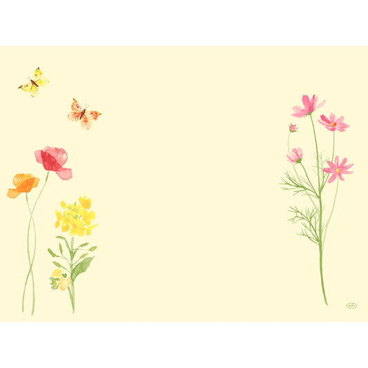 Die Dunicel-Sets 30x40 der Duni GmbH haben einen hellen Hintergrund mit gelben und rosa Blumen am Rand, zwei Schmetterlinge in der linken oberen Ecke und eine weitgehend leere Mitte - ideal als stilvolle Einweg-Tischsets.