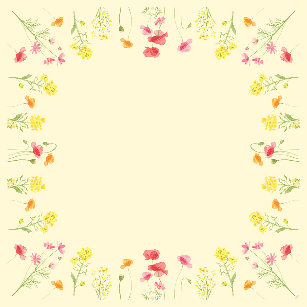 Ein quadratischer Rahmen, inspiriert von einem Mohnfeld, mit gelben, rosa und orangefarbenen Aquarellblumen auf einem hellen cremefarbenen Hintergrund. Ideal zum Hinzufügen von Text oder zur Dekoration Ihrer Tischdekoration. Dunicel-Mitteld.84x84 Mohnfeld 20P. von Duni GmbH (20 Stück).