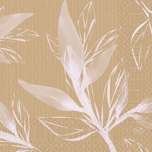 Beige-weißes botanisches Design mit halbtransparenten Blättern auf gepunktetem und gestreiftem Hintergrund. Der Schriftzug "Duni" erscheint in einem kleinen Oval und weist auf die umweltfreundlichen Zelltuchservietten 33 x 33 cm 3lagig Eco Leaves (250 Stück) der Duni GmbH hin.