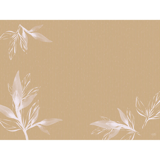 Ein hellbrauner Hintergrund mit dezenten vertikalen Linien und weißen, halbtransparenten Eco Leaves in den Ecken erzeugt einen grünen Look, ideal für die Präsentation von Duni GmbH Papier-Tischsets 30 x 40 cm | Packung (250 Stück) oder anderen Tischgedecken. Der mittlere Bereich bleibt frei.