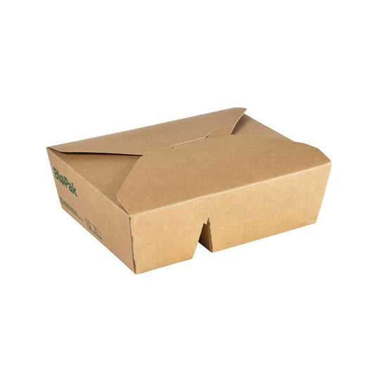 Geschlossene, braune Kartonbox Bio 2-Comp FSC/PLA zum Mitnehmen (400/480 ml, 170x140x50 mm) der Duni GmbH aus biologisch abbaubarem Karton mit gefalteten Klappen und grünem Biopak-Logo an der Seite. Packung: 50 Stück.