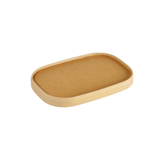 Hochkantansicht des Duni GmbH Kartondeckels BRICK MEDIUM 500-1000 ml, ein brauner FSC/PLA-beschichteter Karton (170x117x17 mm) mit abgerundeten Ecken und umweltfreundlichem Kartondeckel, auf einfarbig weißem Hintergrund. Verpackung: 25 Stück.