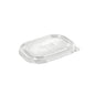 Pictured is a transparent, rectangular rPET lid BRICK MEDIUM 500-1000 ml (174x124x15) from Duni GmbH with a slight lip at the edge on a white background - a sustainable alternative for transparent packaging. Package: 50 pieces.