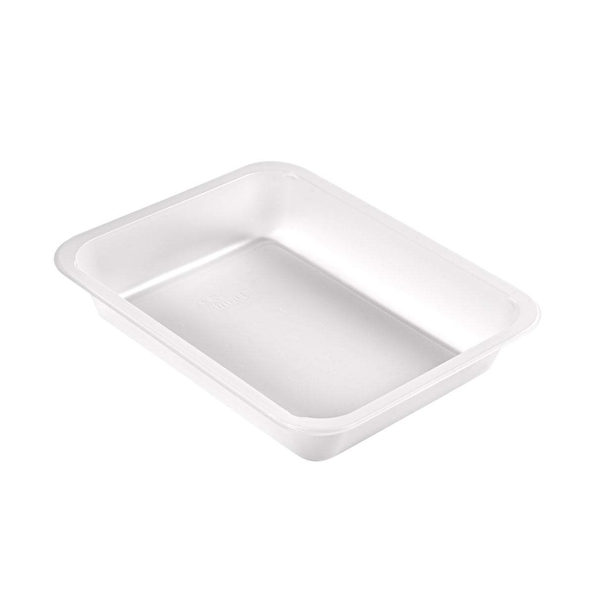 Eine transparente, rechteckige PP-Schale Caterline 1 (227x178x40 mm) der Duni GmbH mit hochgezogenen Kanten und abgerundeten Ecken präsentiert sich auf weißem Hintergrund - eine ideale Verpackungslösung. Packung: 216 Stück.