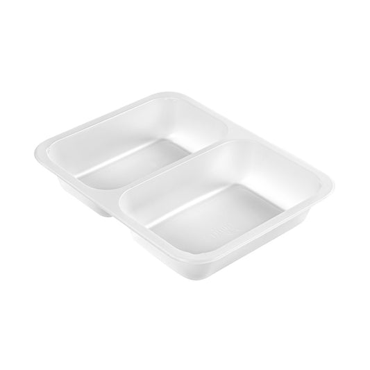 Abgebildet ist eine transparente PP-Schale Caterline 2 (227x178x40 mm) der Duni GmbH mit zwei Fächern auf einfarbig weißem Hintergrund. Die Packung enthält 216 Stück.