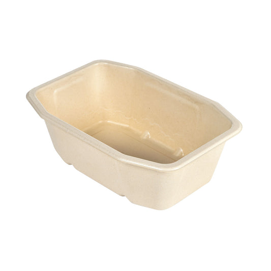 Die HMR Fibretray/PLA 1-comp 215x148x70 mm von Duni GmbH ist eine braune Einweg-Lebensmittelverpackung aus beschichtetem Bagasse - umweltfreundlich, mit leicht abgerundeten Ecken, im Pack zu 300 Stück erhältlich.